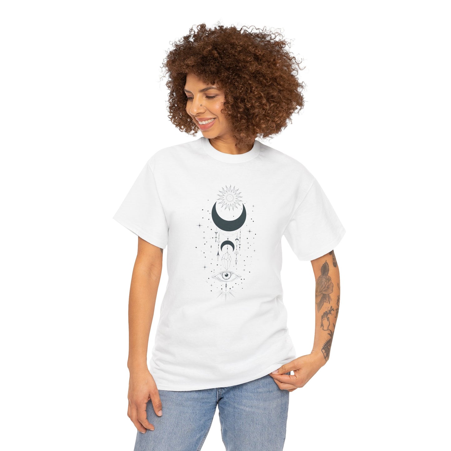 Celestial Moon & Sun Shirt | Boho Mystical Line Art Tee | Spiritual Astrology Gift | Heavy Cotton Unisex Top | Witchy Yoga T-Shirt