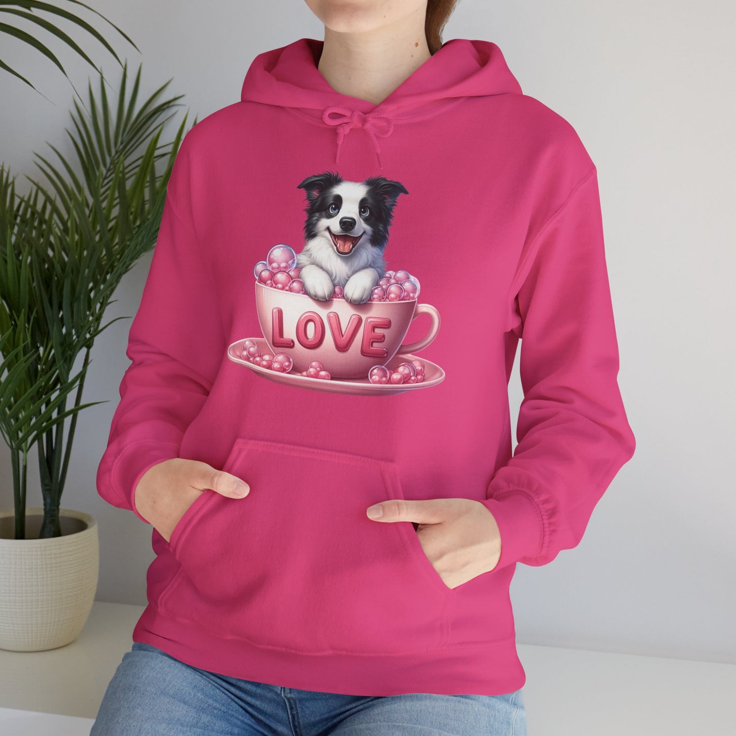 Viral Puppy Love Border Collie Hoodie - Cute Dog in Pink Cup Graphic Unisex Sweatshirt - Adorable Gift for Border Collie Lovers