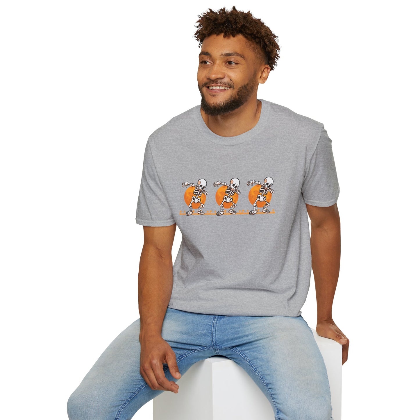 Moonlit Macabre: Dancing Skeleton Halloween T-Shirt – Spooky Unisex Softstyle T-Shirt