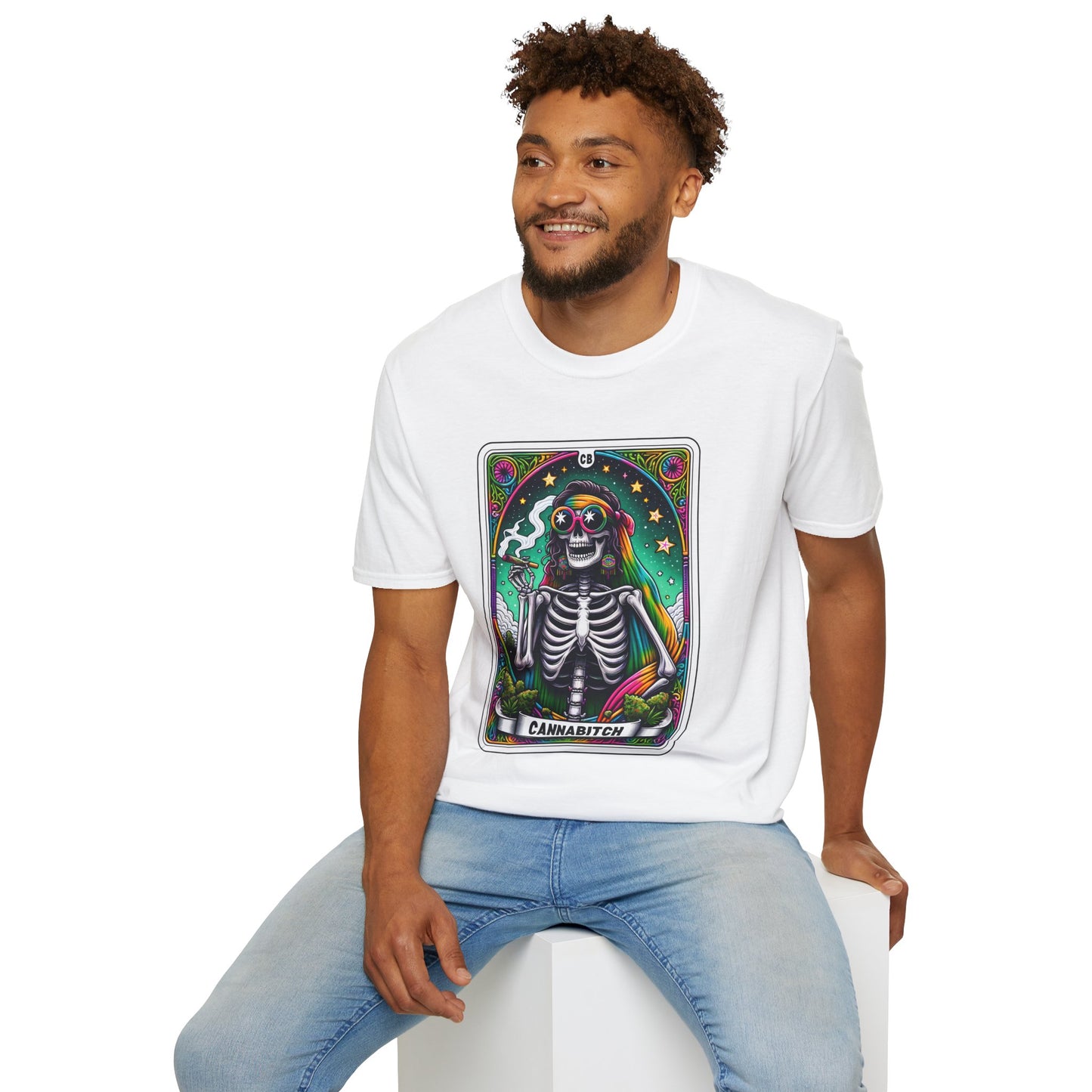 Psychedelic “Cannabitch” Tarot Skeleton T‑Shirt – Trippy Rainbow Weed Art for Stoner Queens