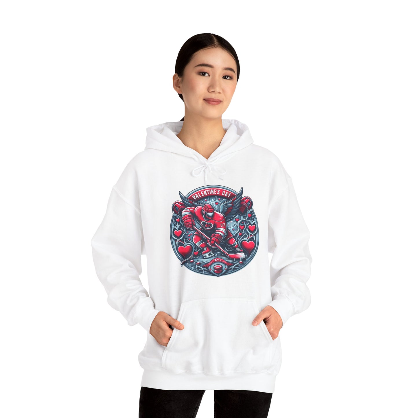 Valentines Day Hockey Hoodie, Romantic Sports Gift, Unisex Heart Hockey Graphic Pullover, Casual Comfortable Sporty Apparel