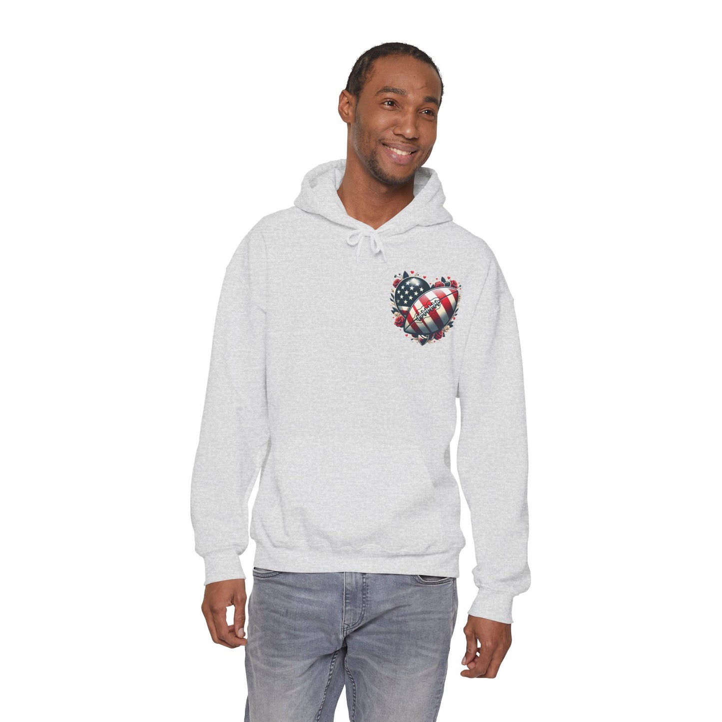 Touchdown Soul: Patriotic American Flag Football Heart Hoodie