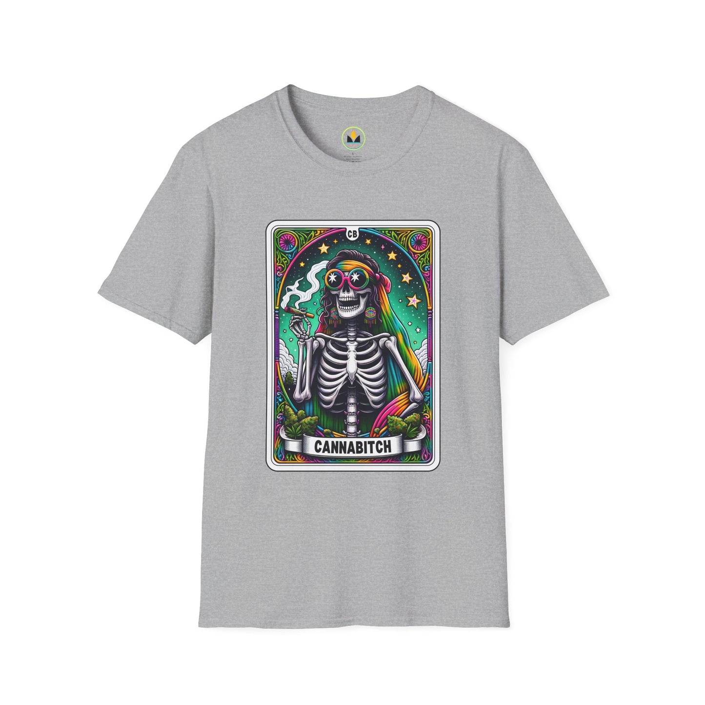 Psychedelic “Cannabitch” Tarot Skeleton T‑Shirt – Trippy Rainbow Weed Art for Stoner Queens