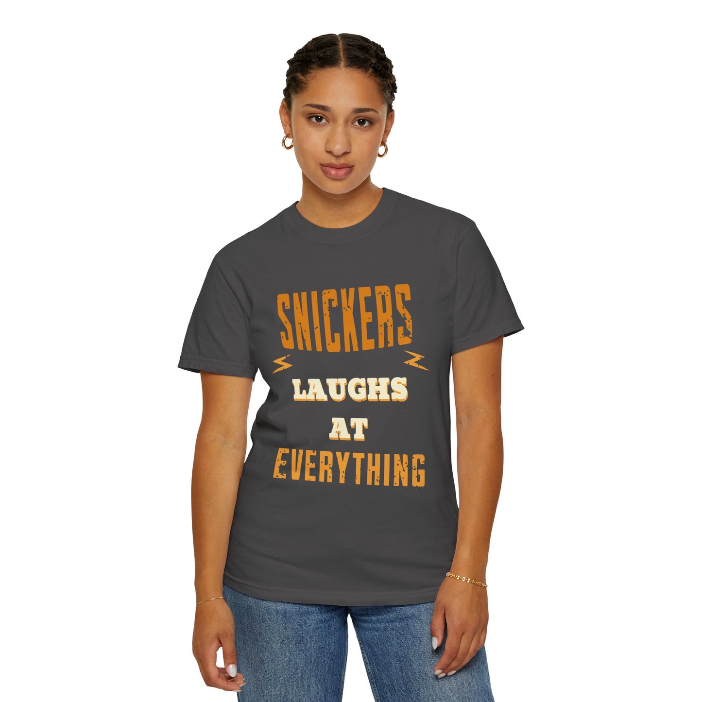 Cheerful 'Laughs at Everything' T-Shirt - coworker/friend Inspired Humorous Fun Shirt