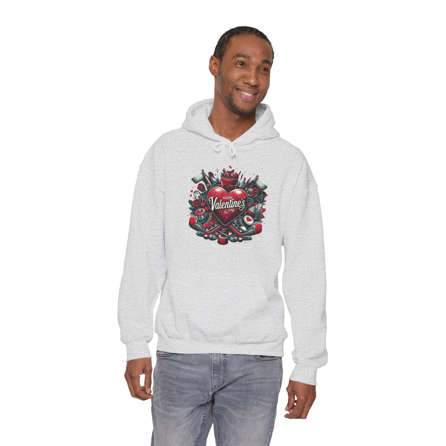 Valentine's Day Heart and Roses Hoodie, Romantic Couple Skatewear, Love ice hockey Themed Sweatshirt