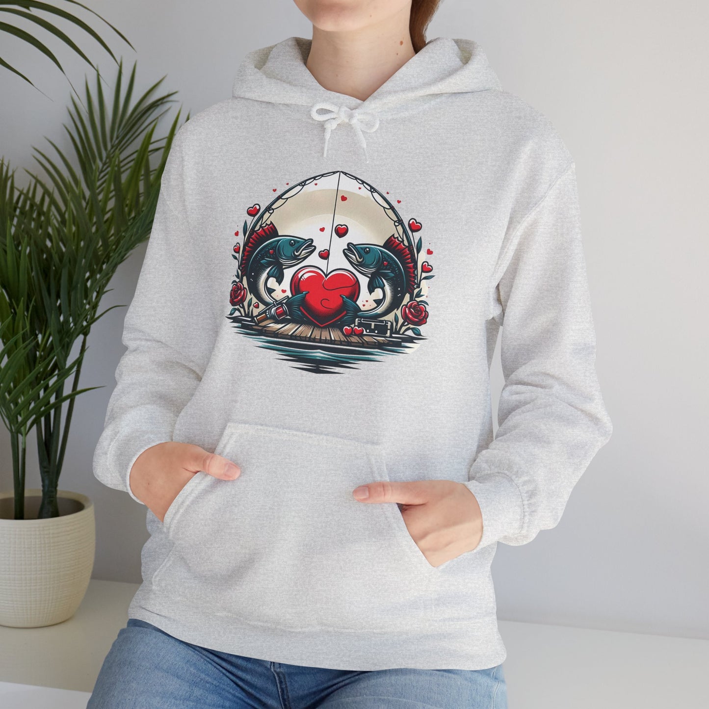 Unique Fish Love Heart Hoodie Unisex Fishing Themed Sweatshirt Graphic Hoodie With Rose Detail Romantic Angler Gift