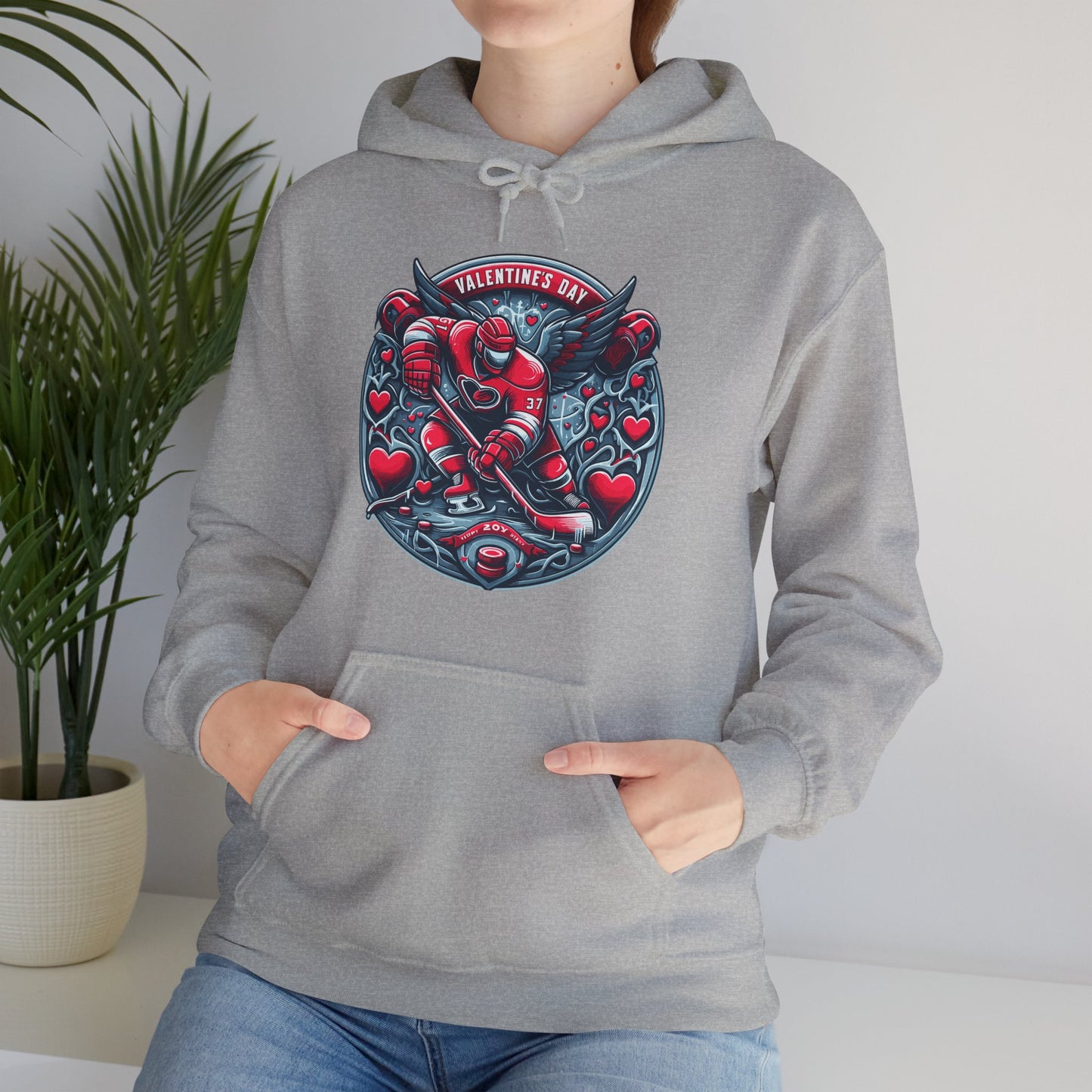 Valentines Day Hockey Hoodie, Romantic Sports Gift, Unisex Heart Hockey Graphic Pullover, Casual Comfortable Sporty Apparel