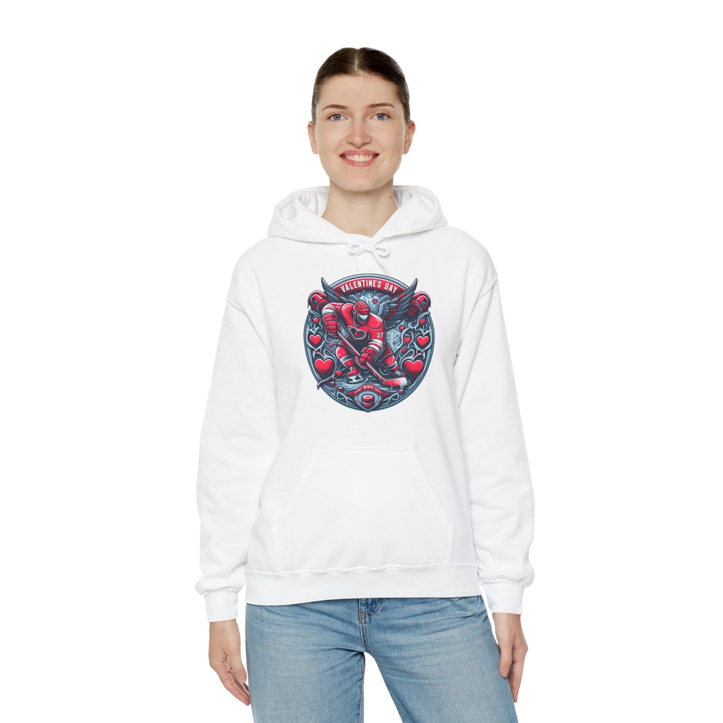 Valentines Day Hockey Hoodie, Romantic Sports Gift, Unisex Heart Hockey Graphic Pullover, Casual Comfortable Sporty Apparel
