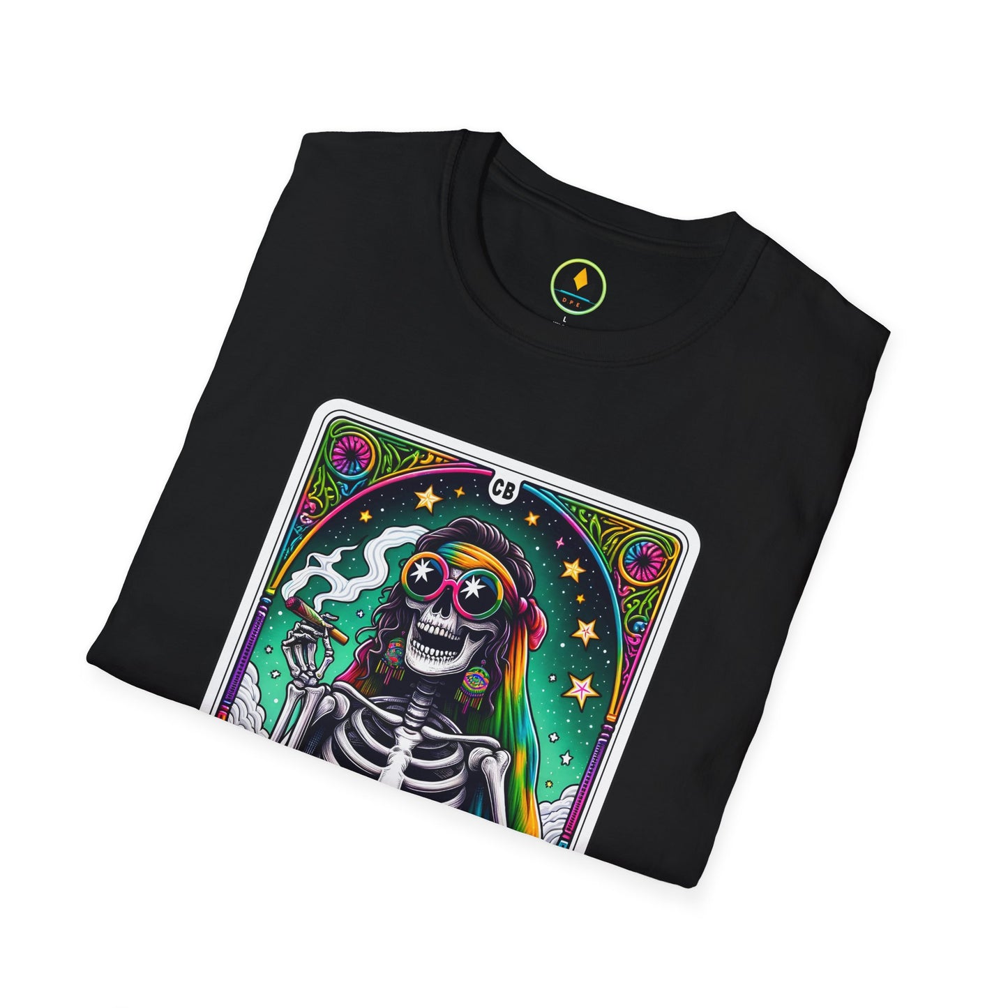 Psychedelic “Cannabitch” Tarot Skeleton T‑Shirt – Trippy Rainbow Weed Art for Stoner Queens