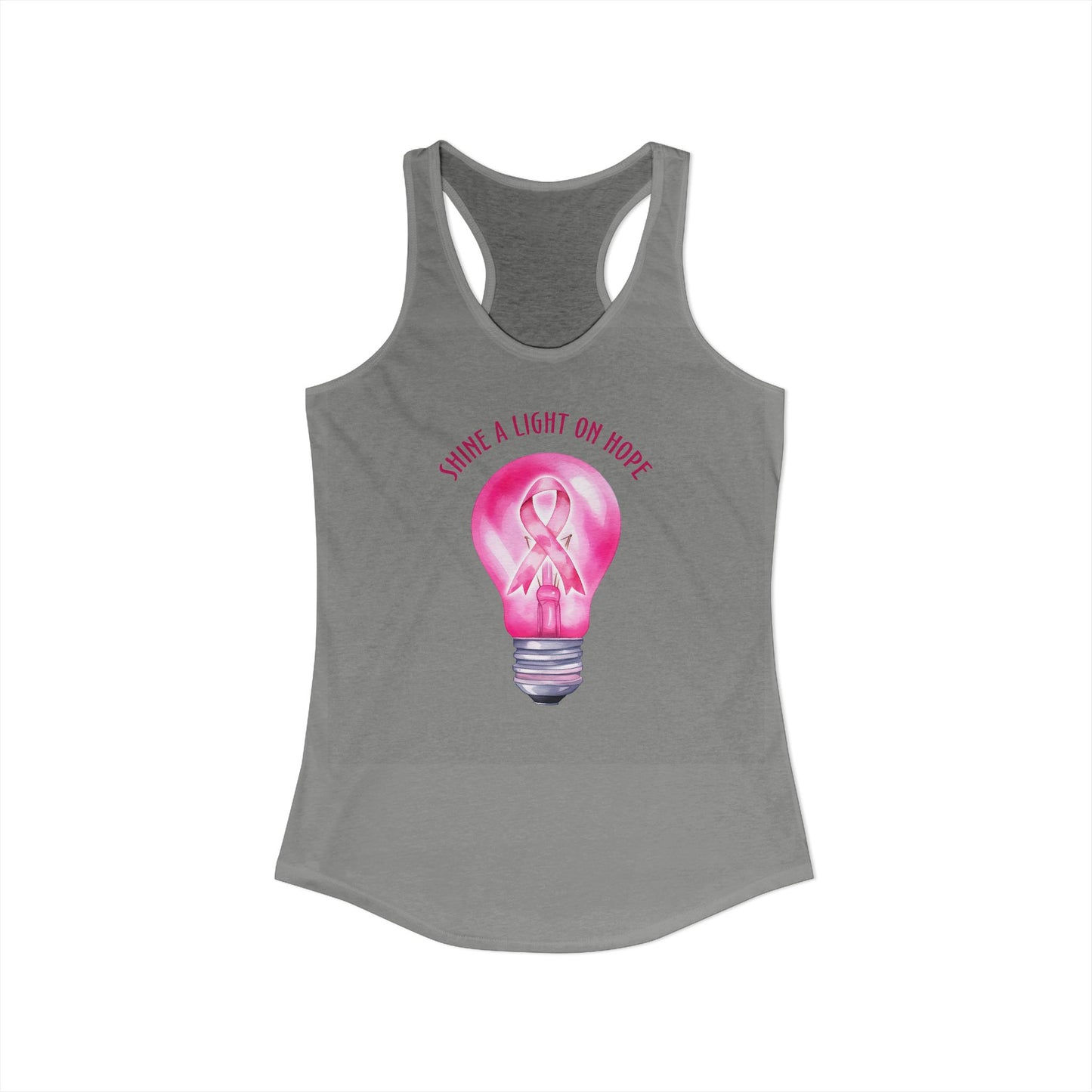 Shine a Light on Hope – Pink Ribbon Lightbulb Breast Cancer Awareness Racerback Tank