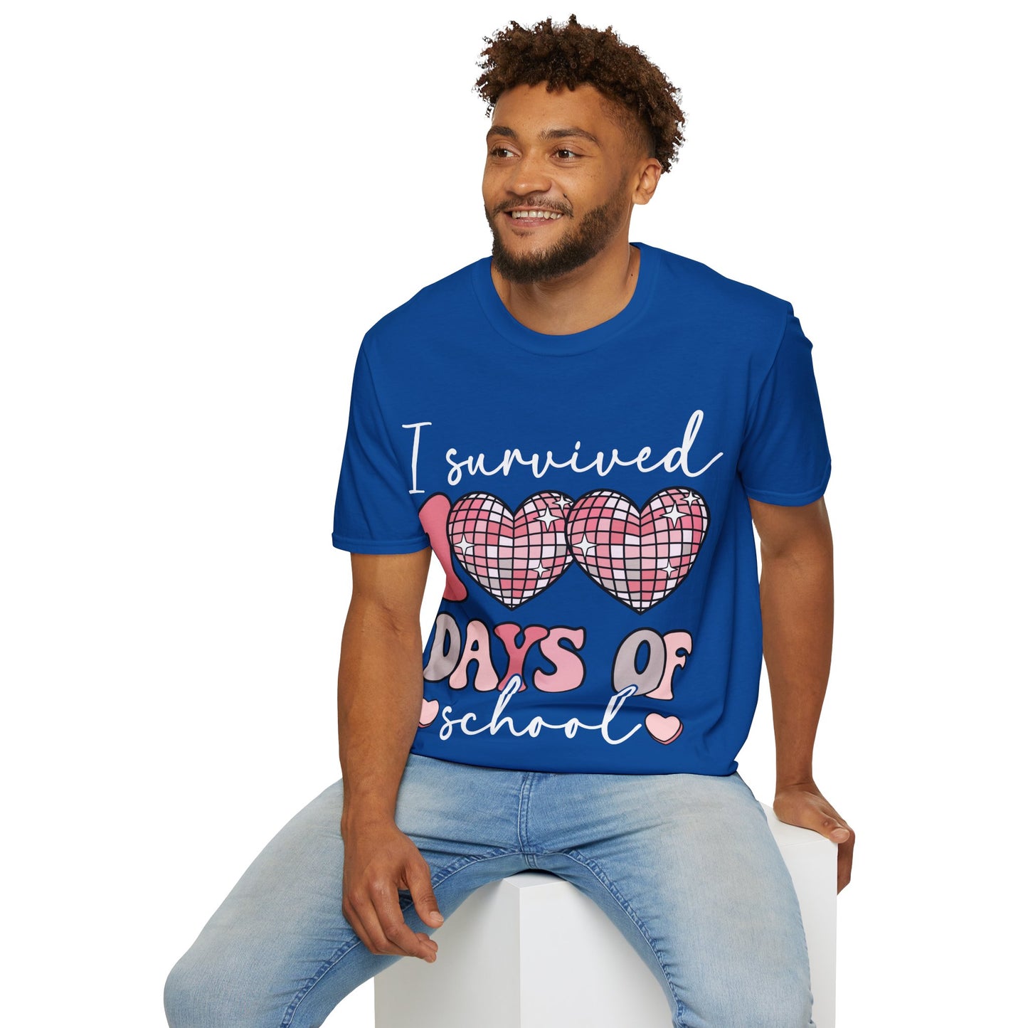 I Survived 100 Days of School Shirt | Funny Retro Disco Heart Black Tee | Groovy Teacher Student Humor Gift
