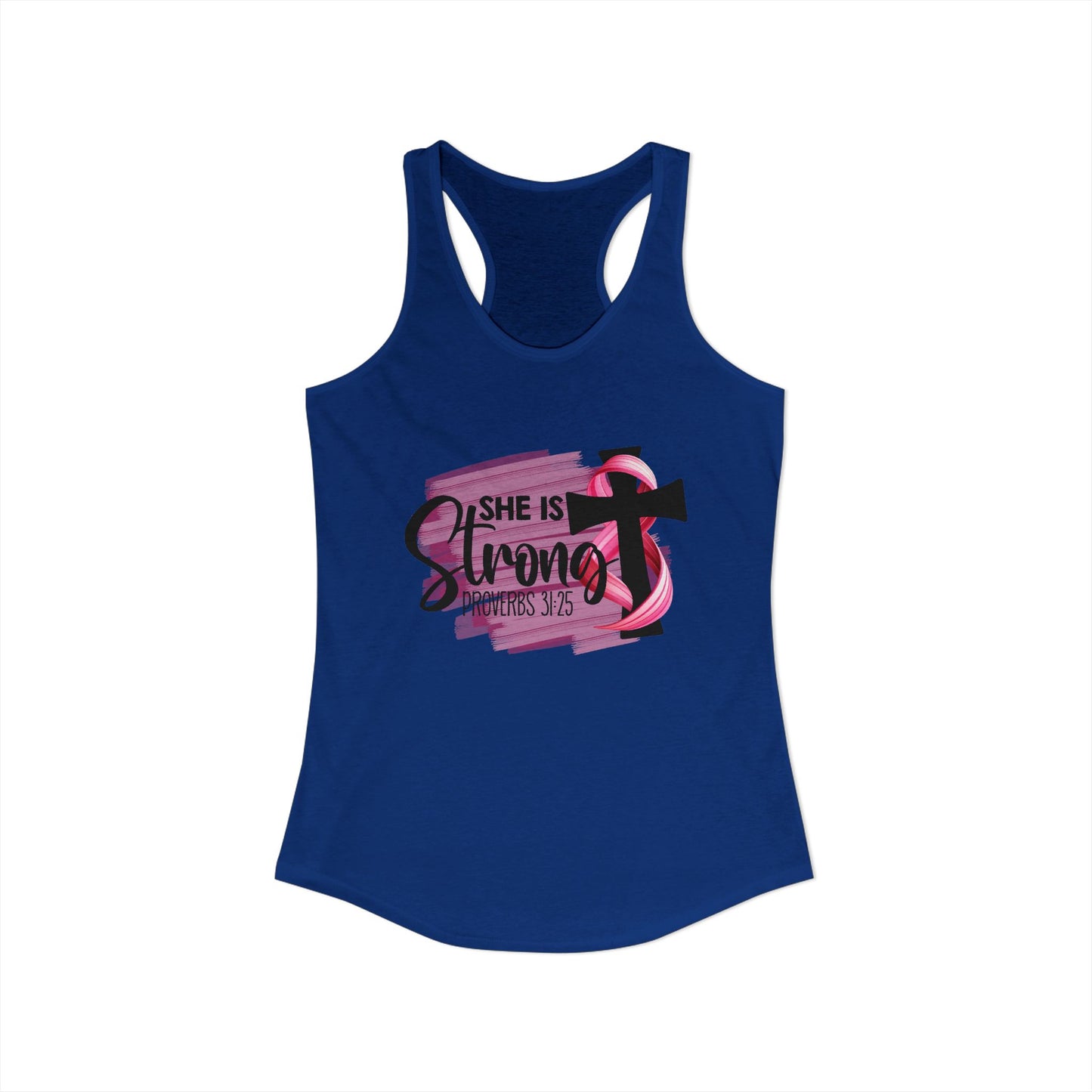 She Is Strong – Proverbs 31:25 Pink Ribbon Christian Racerback Tank