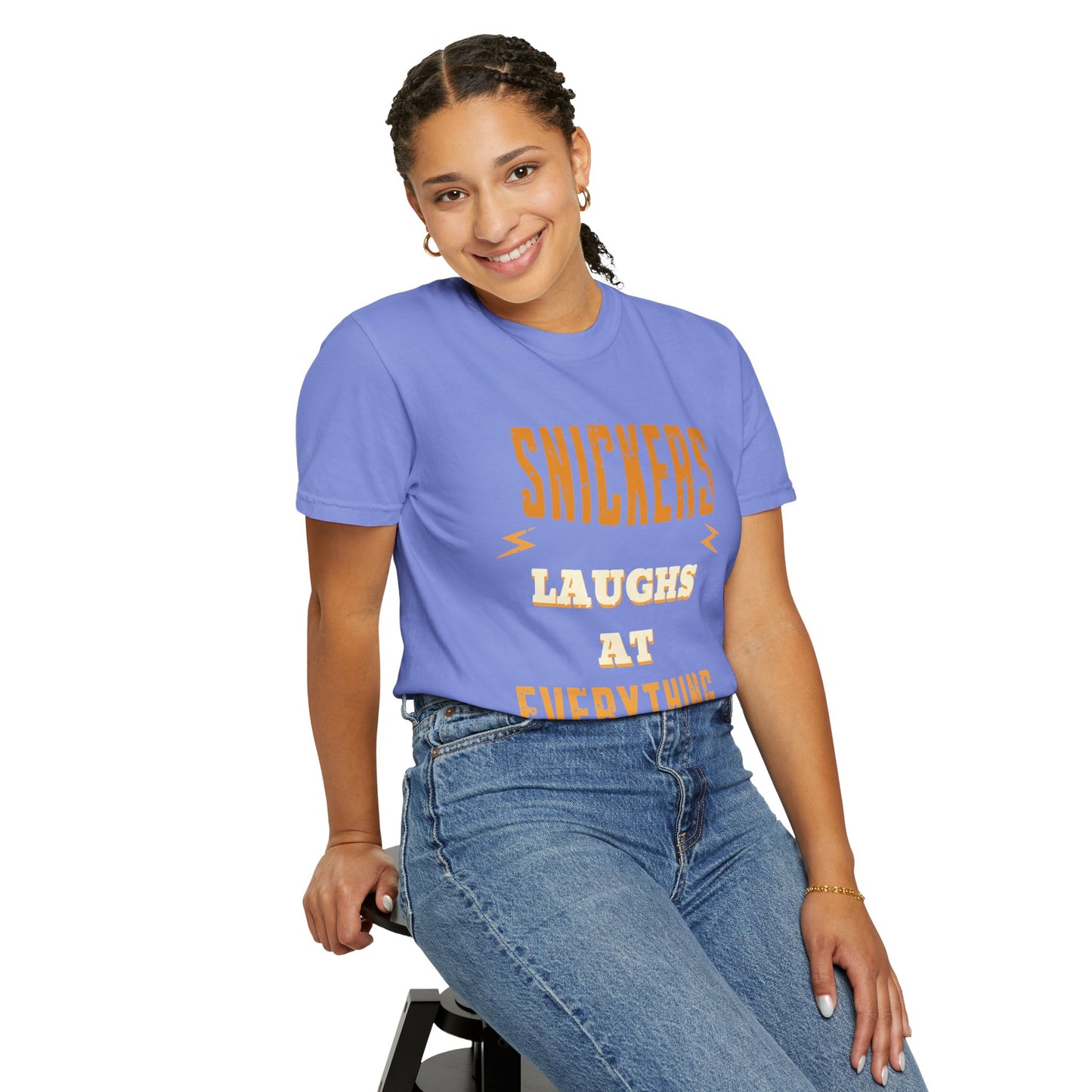 Cheerful 'Laughs at Everything' T-Shirt - coworker/friend Inspired Humorous Fun Shirt
