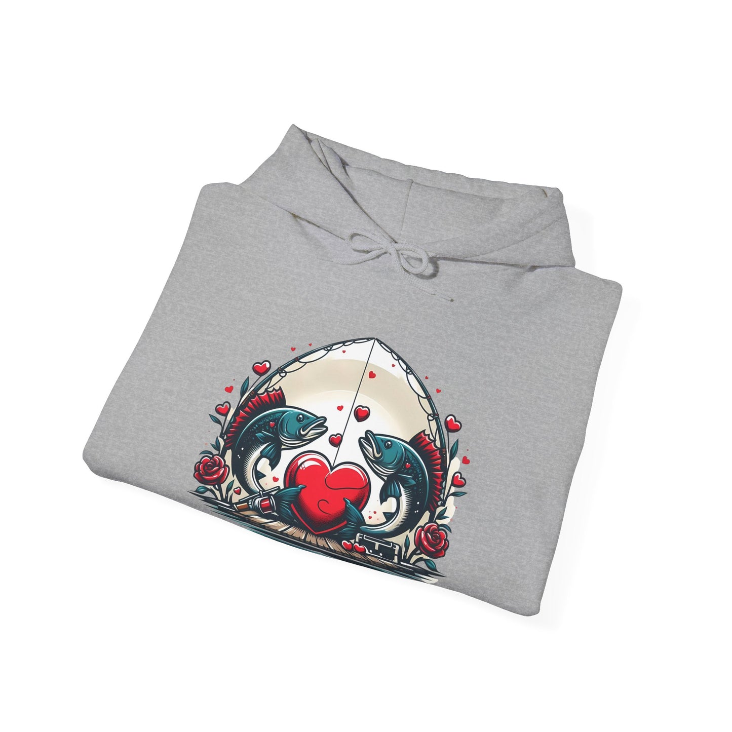 Unique Fish Love Heart Hoodie Unisex Fishing Themed Sweatshirt Graphic Hoodie With Rose Detail Romantic Angler Gift