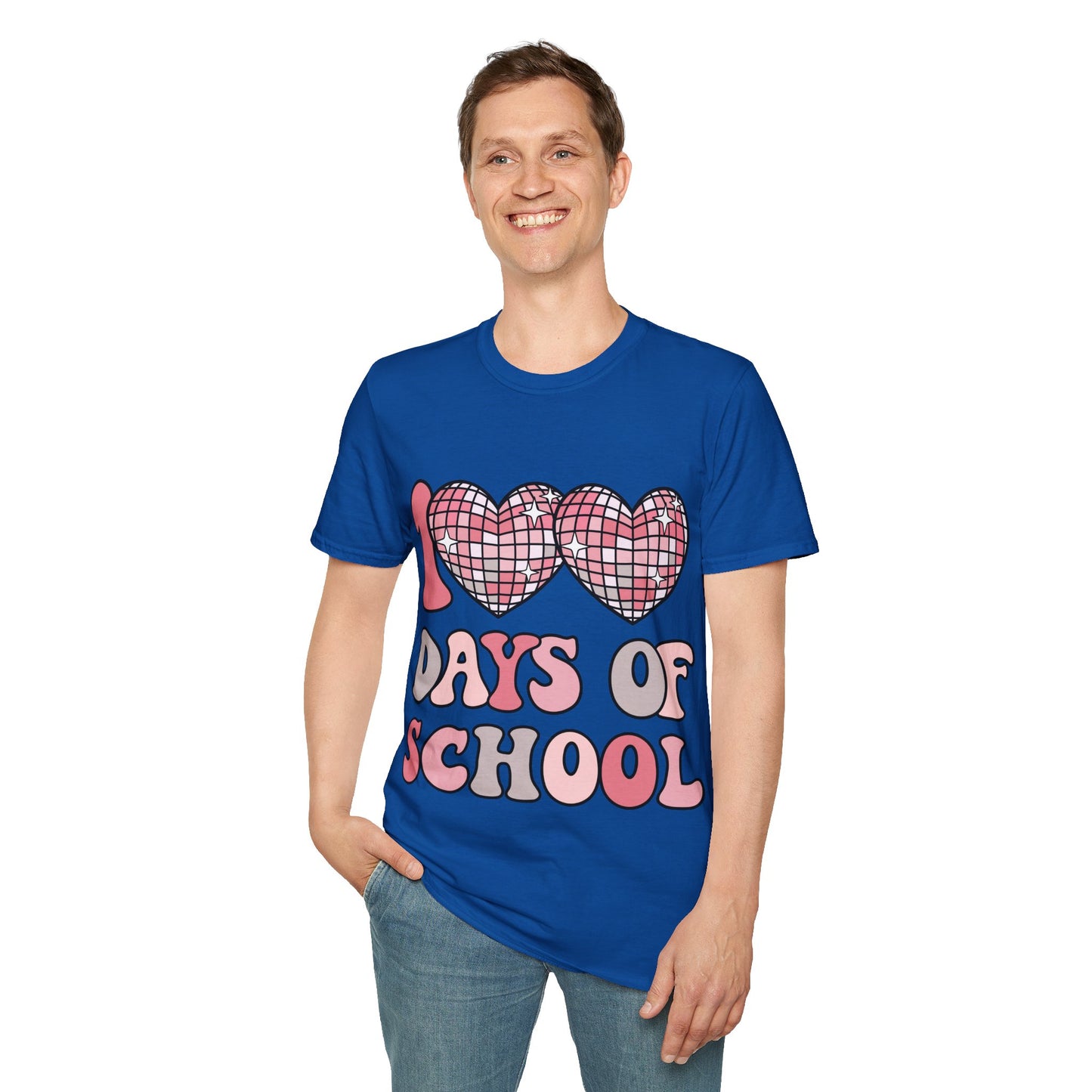 00 Days of School Shirt | Retro Pink Disco Hearts Tee | Vintage Bubble Letter Teacher & Student Top | Soft Ring-Spun Cotton Gift