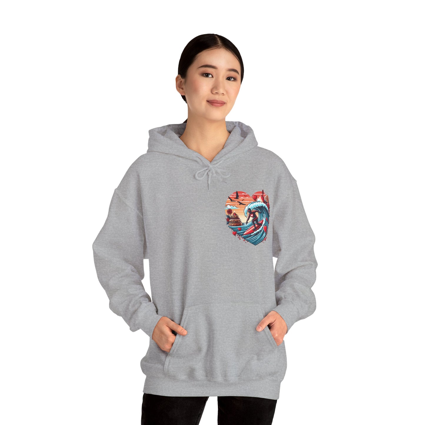 Surfing Love Heart Hoodie Surfer Wave Unisex Sweatshirt - Viral Romantic Beach Gift