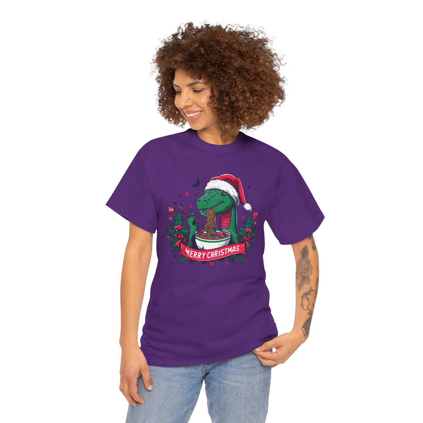 Festive Dinosaur Enjoying Ramen: A Merry Christmas Greetings Unisex Tee