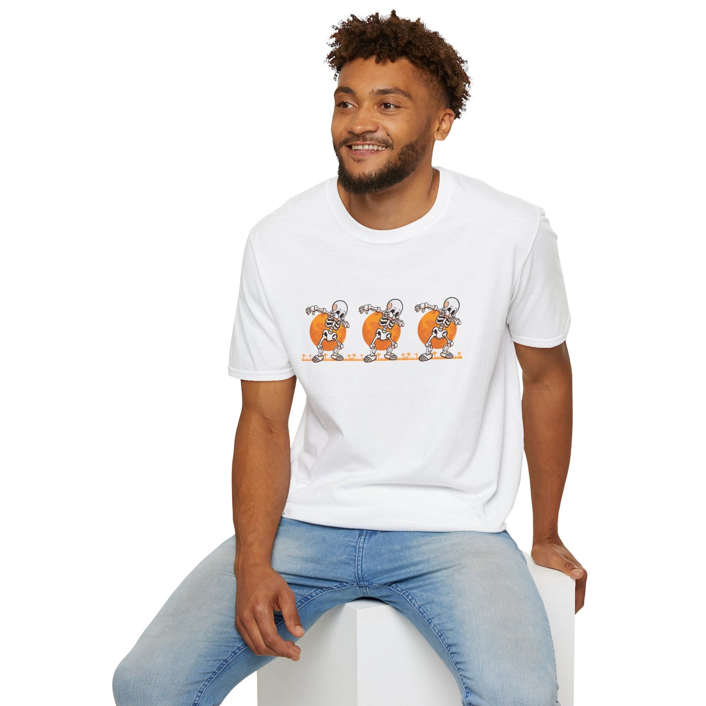 Moonlit Macabre: Dancing Skeleton Halloween T-Shirt – Spooky Unisex Softstyle T-Shirt