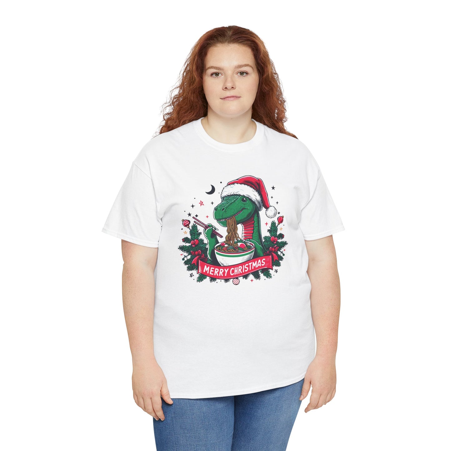 Festive Dinosaur Enjoying Ramen: A Merry Christmas Greetings Unisex Tee