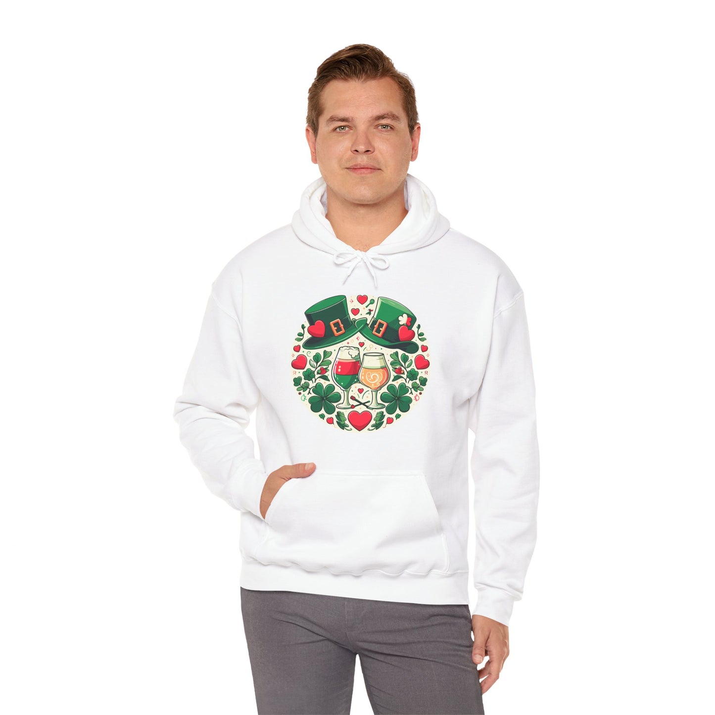 St. Patrick's Day Hoodie, Irish Celebration Beer Clover Heart Unisex Pullover