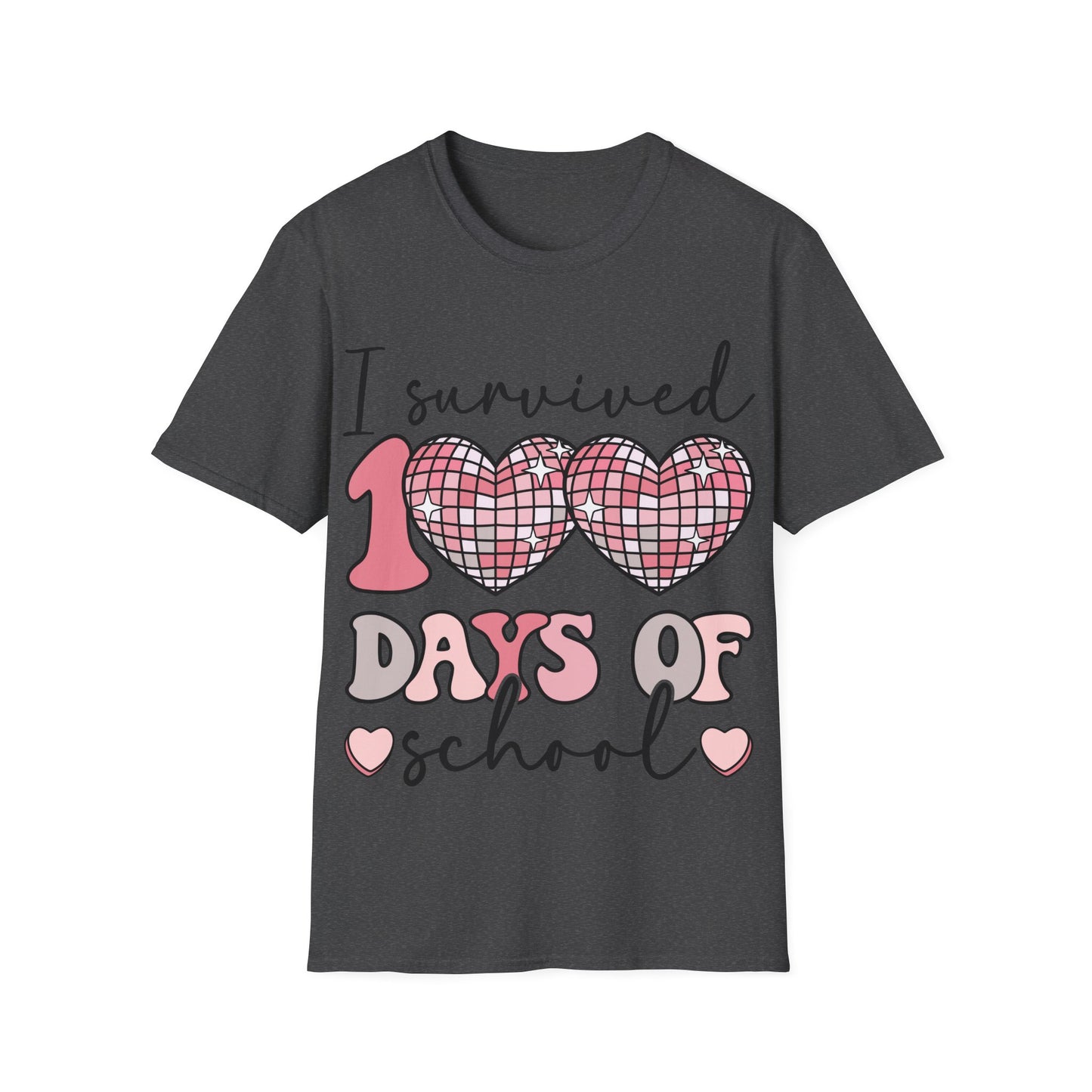I Survived 100 Days of School Shirt | Funny Retro Disco Heart Tee | Pink 100th Day Teacher Gift | Humorous Student Outfit