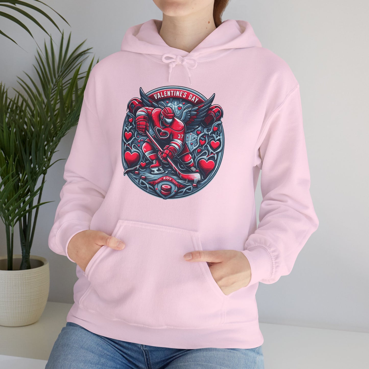 Valentines Day Hockey Hoodie, Romantic Sports Gift, Unisex Heart Hockey Graphic Pullover, Casual Comfortable Sporty Apparel