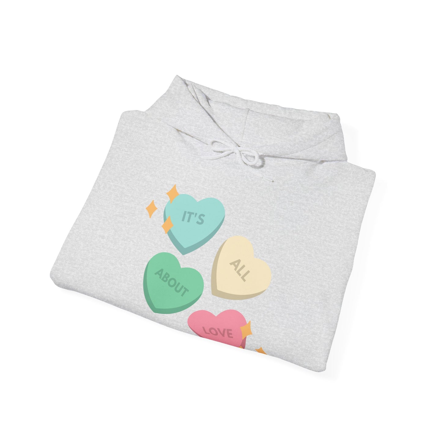 It's All About Love" Pastel Heart Hoodie | Retro Candy Style Sweatshirt | Aesthetic Love Graphic Pullover  Description: