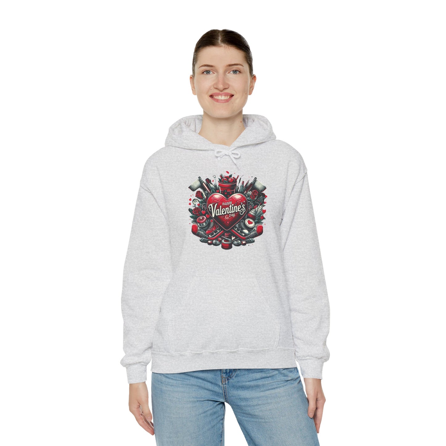 Valentine's Day Heart and Roses Hoodie, Romantic Couple Skatewear, Love ice hockey Themed Sweatshirt