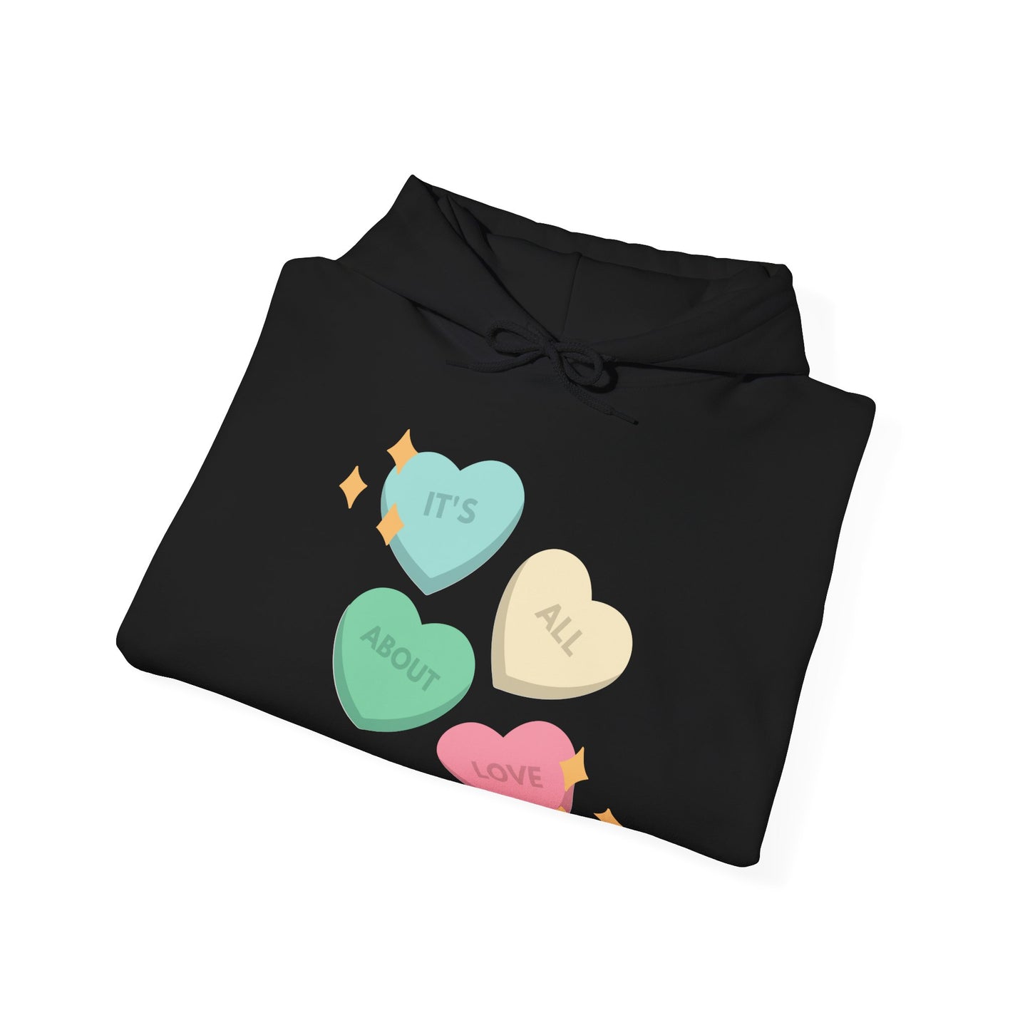 It's All About Love" Pastel Heart Hoodie | Retro Candy Style Sweatshirt | Aesthetic Love Graphic Pullover  Description: