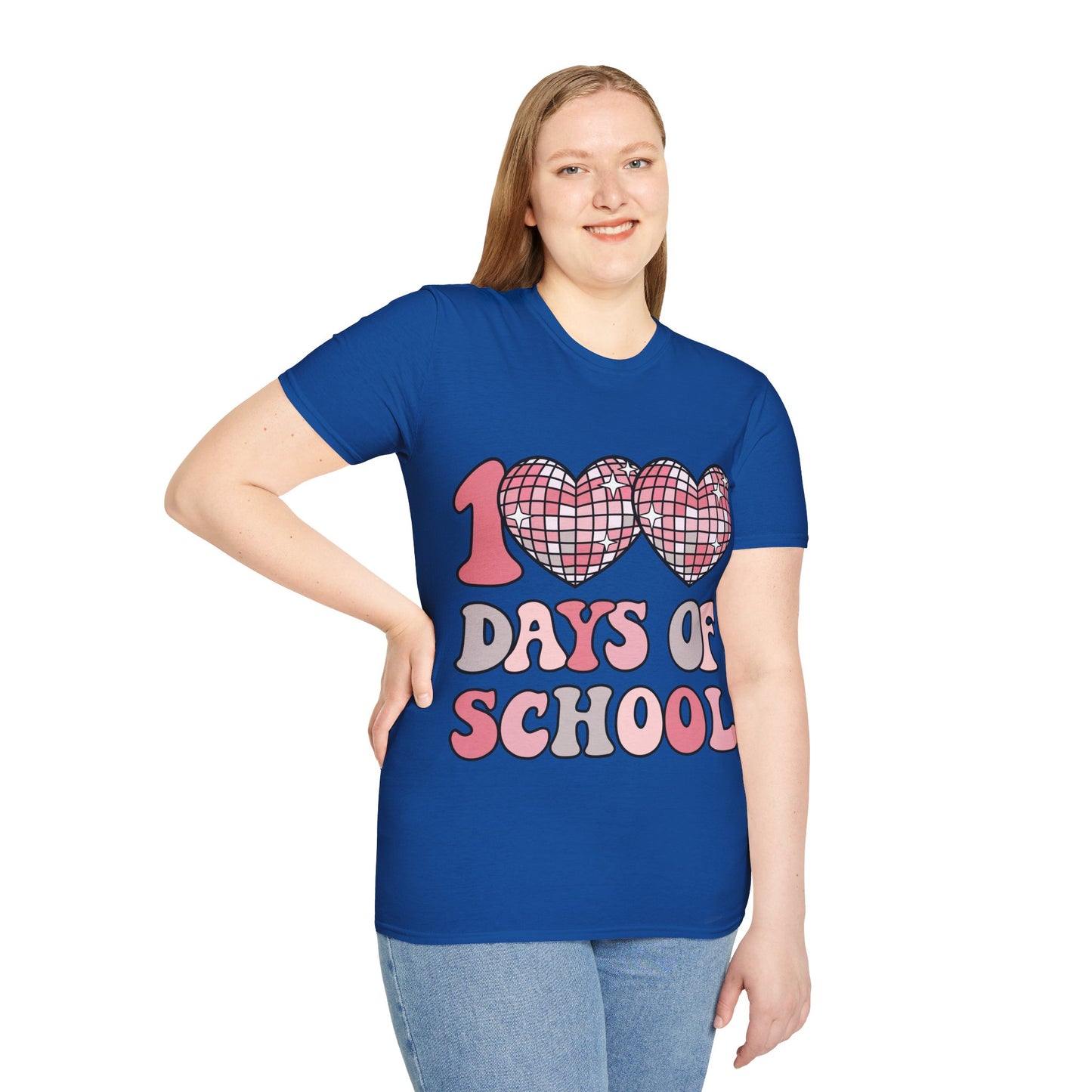 00 Days of School Shirt | Retro Pink Disco Hearts Tee | Vintage Bubble Letter Teacher & Student Top | Soft Ring-Spun Cotton Gift