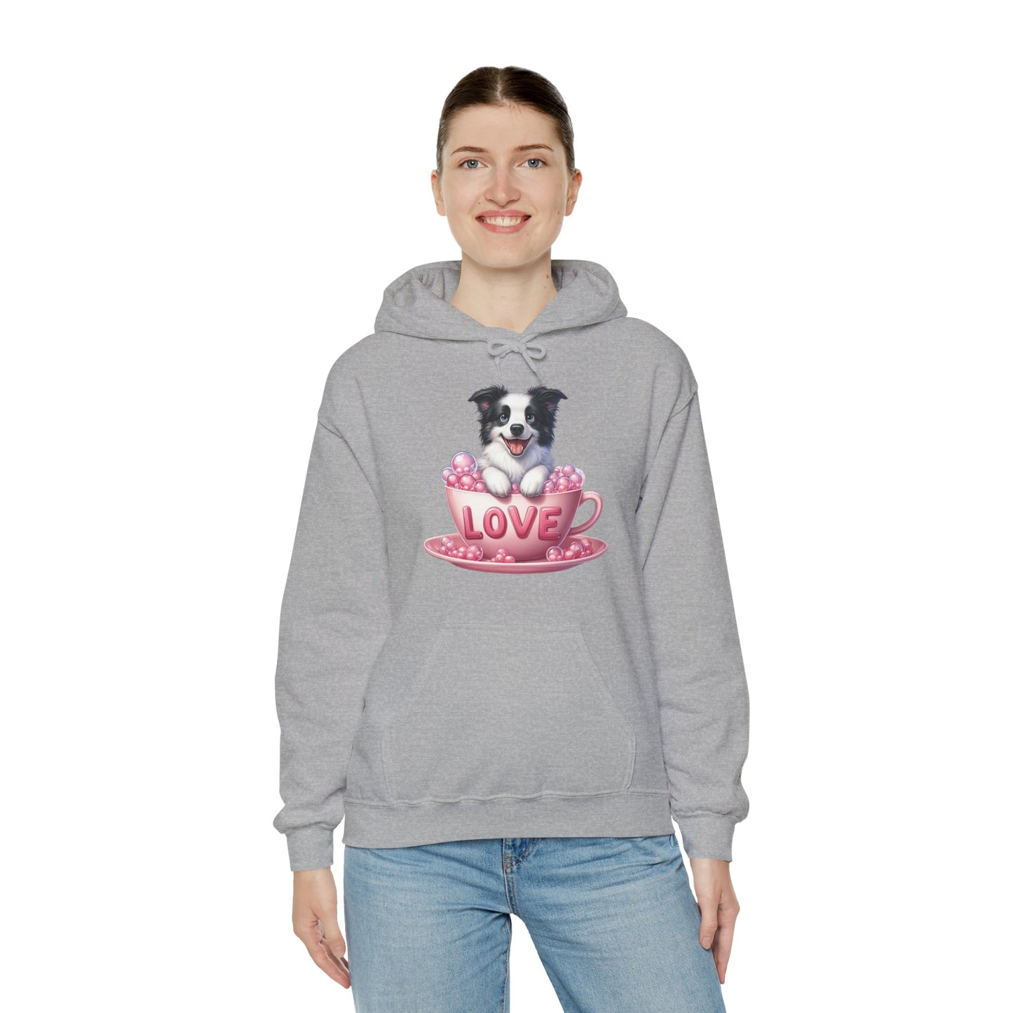 Viral Puppy Love Border Collie Hoodie - Cute Dog in Pink Cup Graphic Unisex Sweatshirt - Adorable Gift for Border Collie Lovers