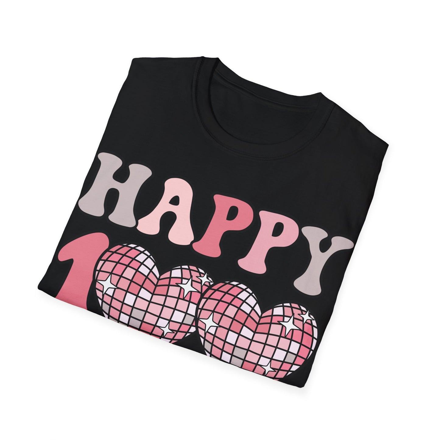 Happy 100 Days of School Shirt | Retro Disco Hearts Black Tee | Pink Groovy Teacher Outfit | Cute Student Milestone Gift