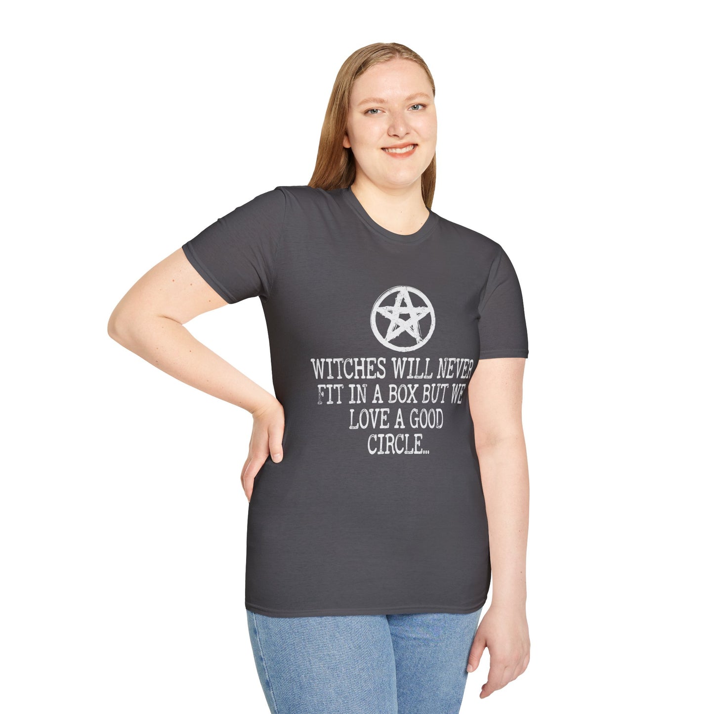 Witches Will Never Fit in a Box – Pentagram Circle Witchy T‑Shirt for Modern Coven Queens