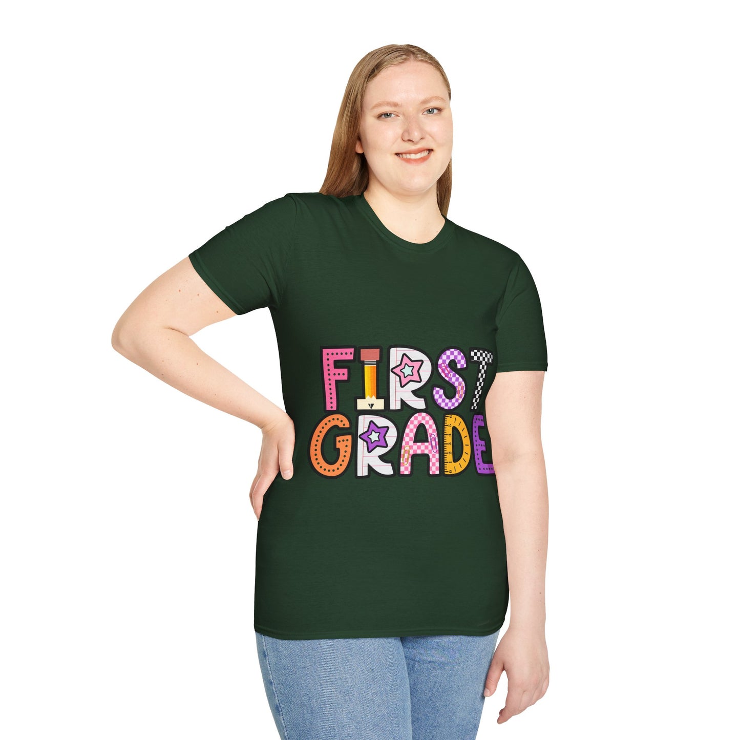 First Grade Shirt | Retro Groovy Teacher Team Tee | Colorful 1st Grade Back to School Outfit | Star Lightning Checkered Gift