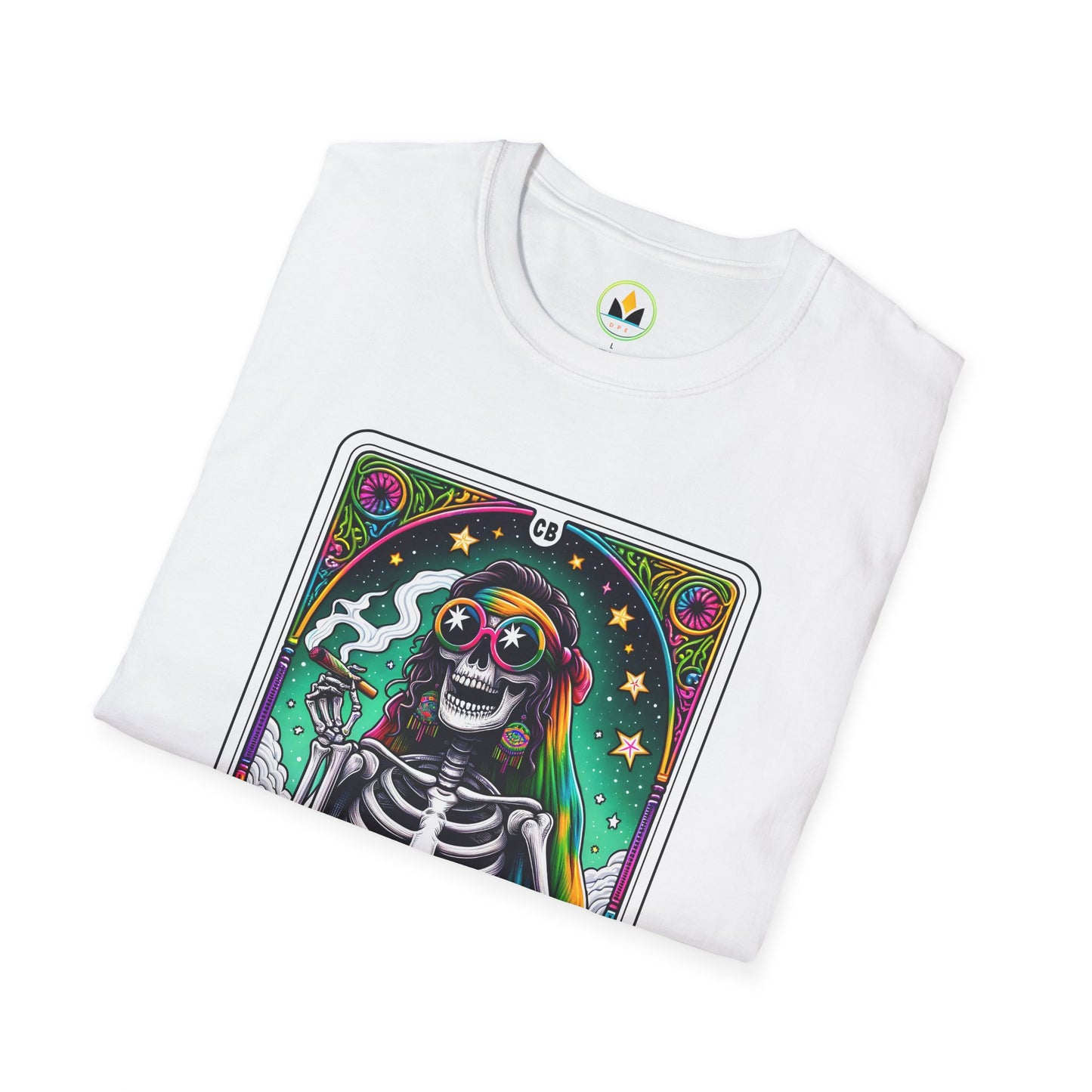 Psychedelic “Cannabitch” Tarot Skeleton T‑Shirt – Trippy Rainbow Weed Art for Stoner Queens
