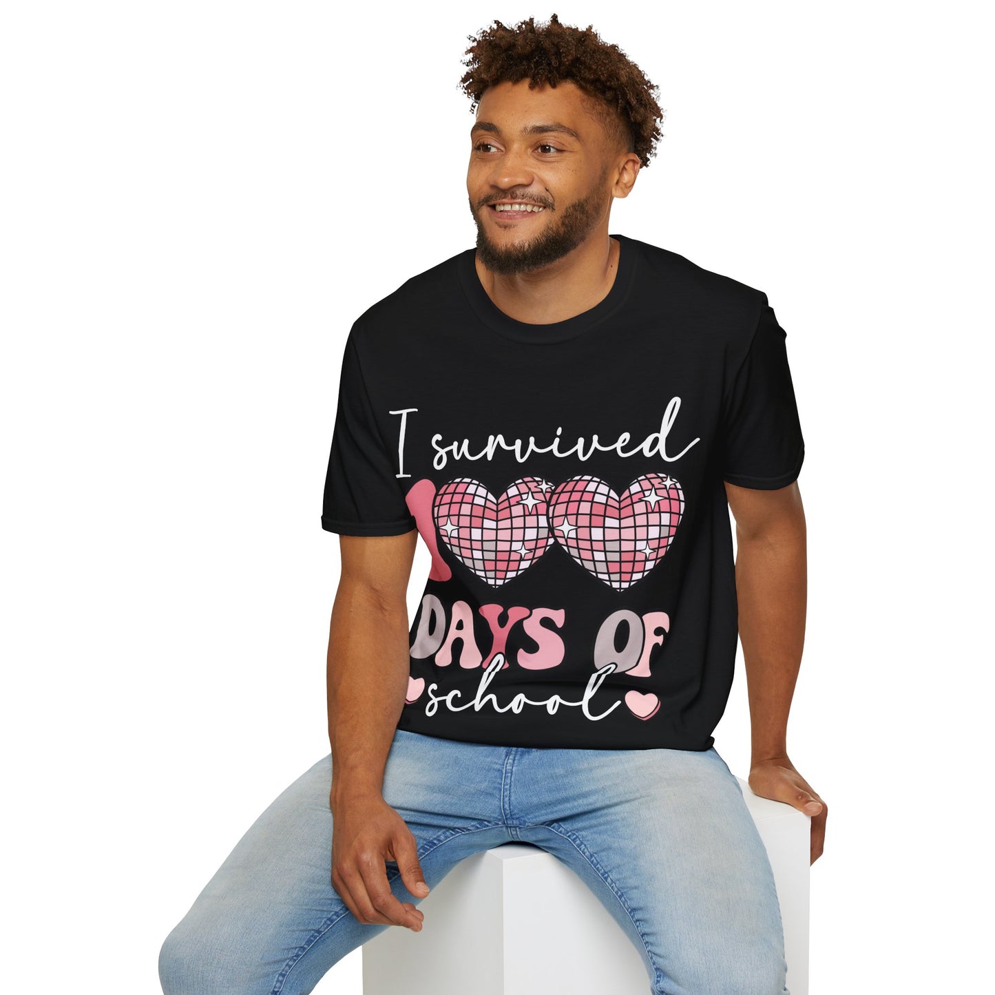 I Survived 100 Days of School Shirt | Funny Retro Disco Heart Black Tee | Groovy Teacher Student Humor Gift