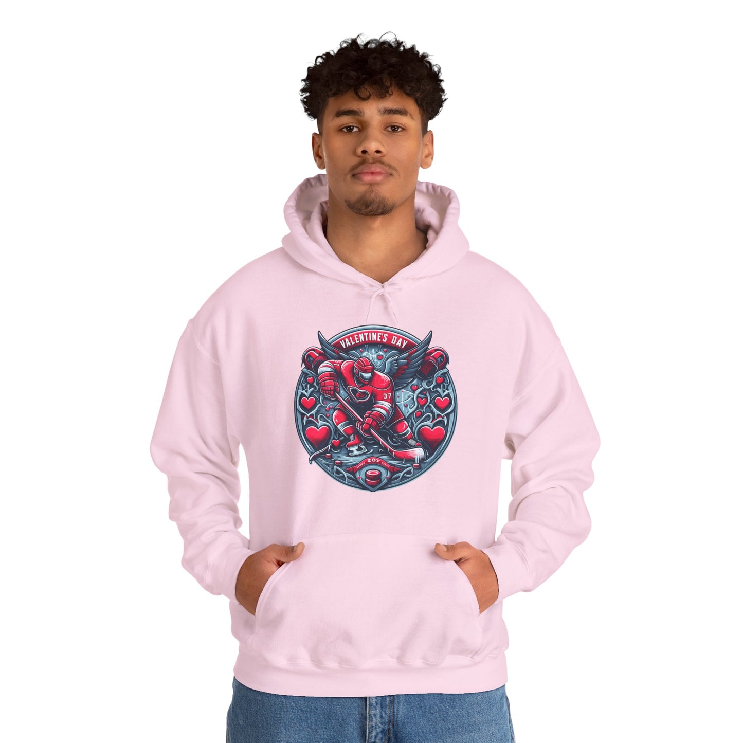 Valentines Day Hockey Hoodie, Romantic Sports Gift, Unisex Heart Hockey Graphic Pullover, Casual Comfortable Sporty Apparel