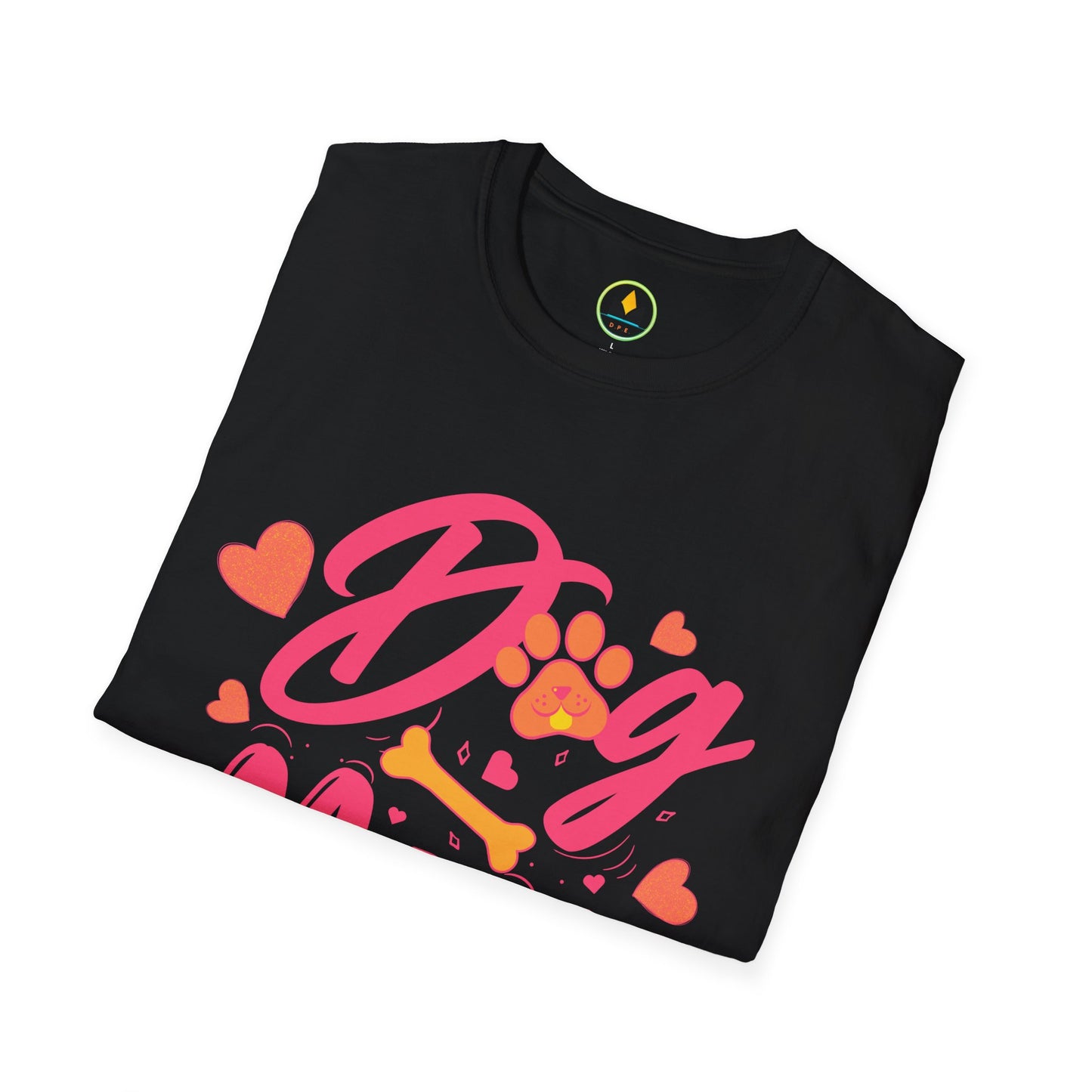 Cute Dog Mom T‑Shirt – Pink Hearts, Paw Print & Bone Graphic for Proud Pup Mamas