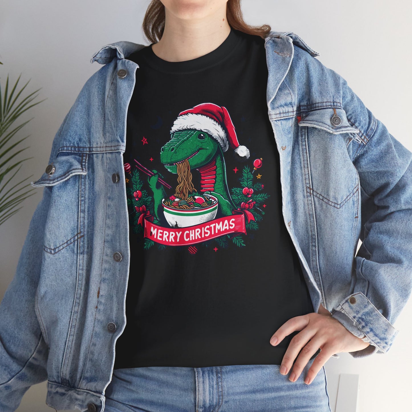 Festive Dinosaur Enjoying Ramen: A Merry Christmas Greetings Unisex Tee