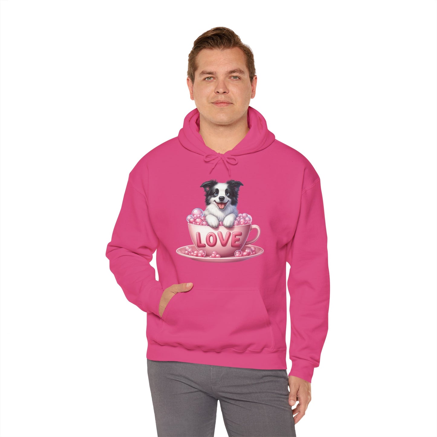 Viral Puppy Love Border Collie Hoodie - Cute Dog in Pink Cup Graphic Unisex Sweatshirt - Adorable Gift for Border Collie Lovers