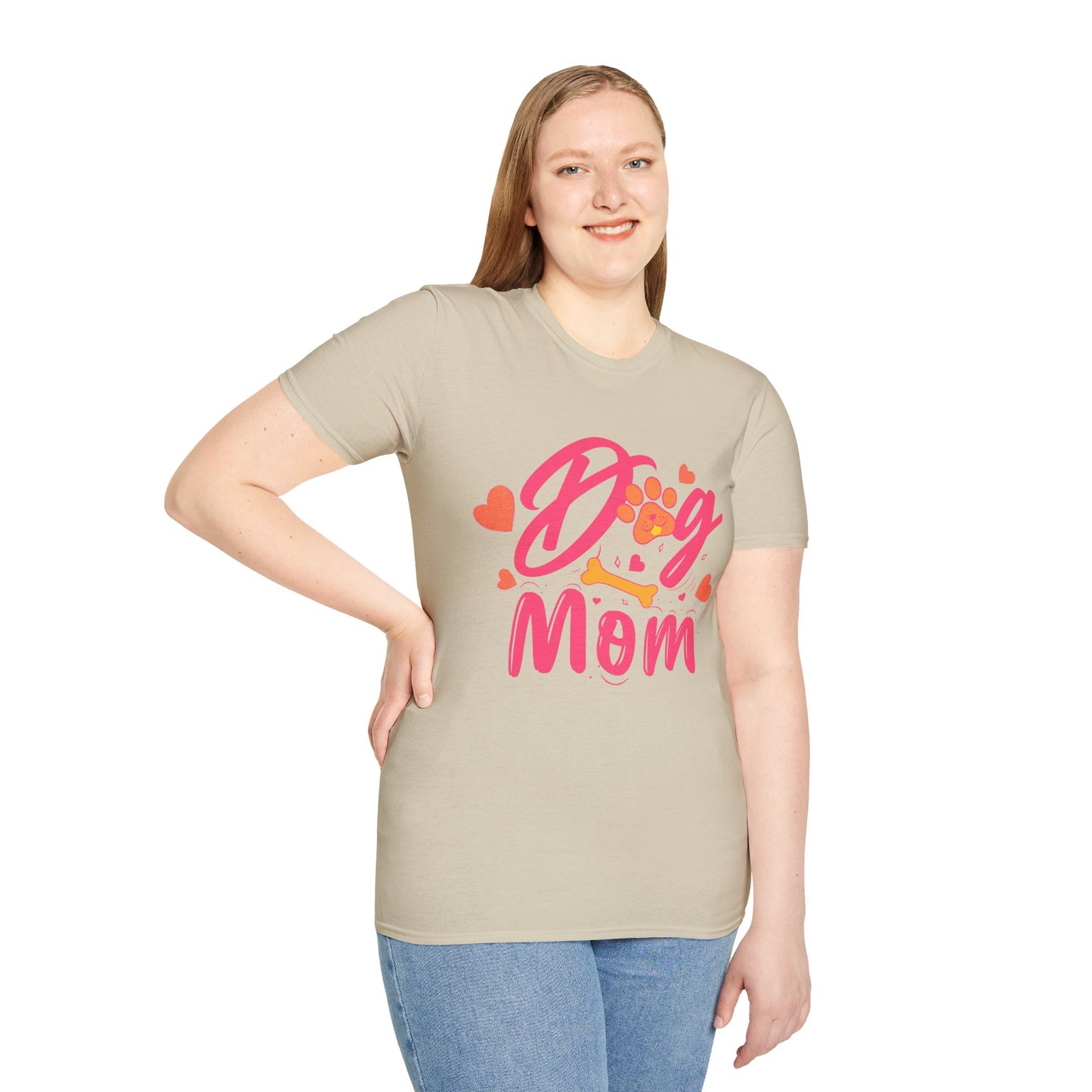 Cute Dog Mom T‑Shirt – Pink Hearts, Paw Print & Bone Graphic for Proud Pup Mamas