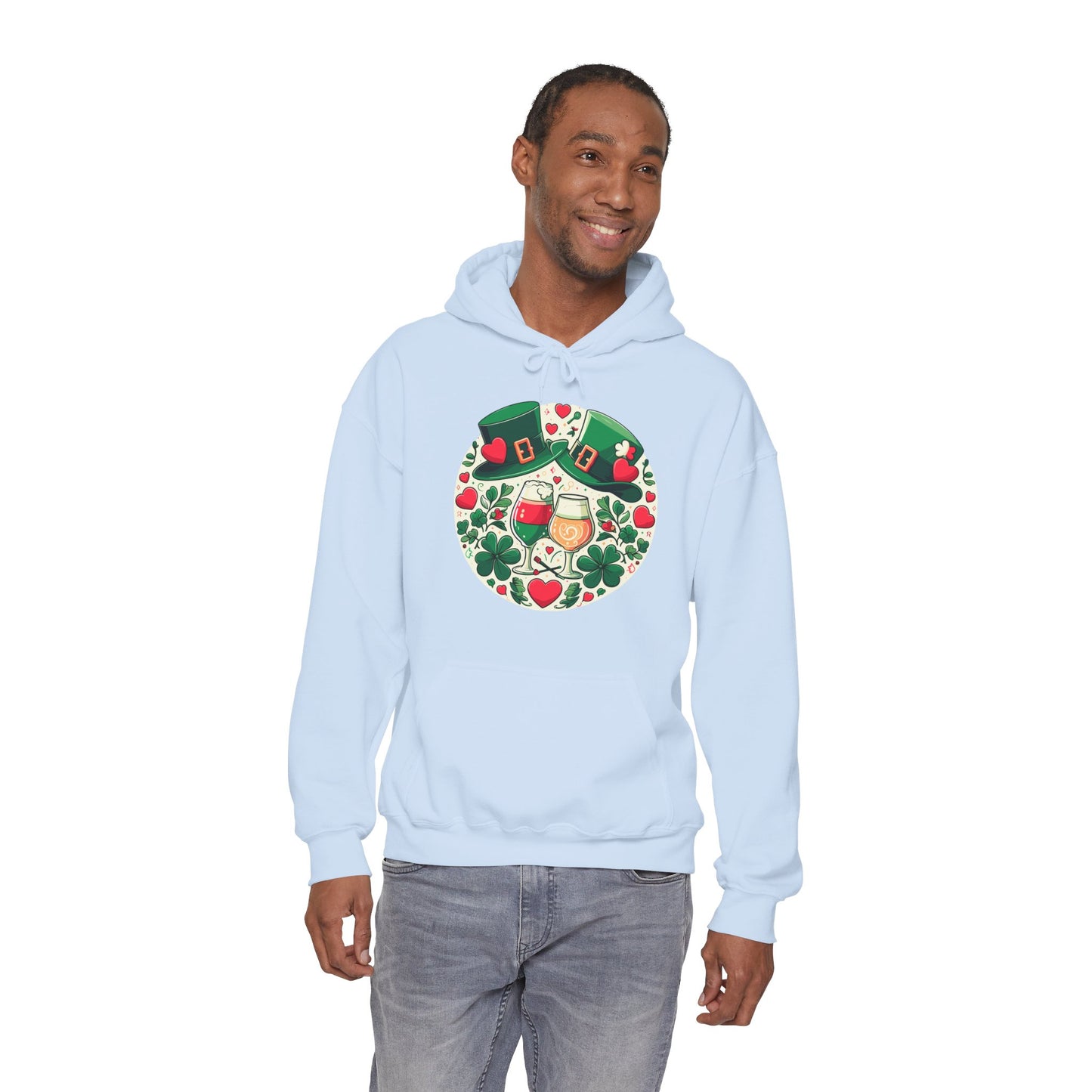 St. Patrick's Day Hoodie, Irish Celebration Beer Clover Heart Unisex Pullover