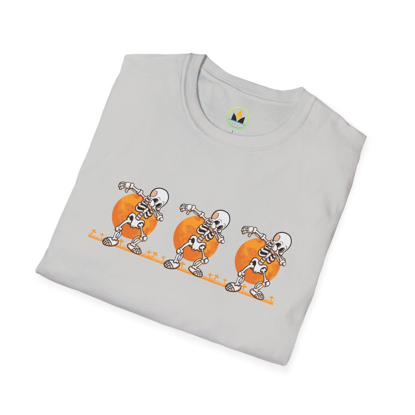 Moonlit Macabre: Dancing Skeleton Halloween T-Shirt – Spooky Unisex Softstyle T-Shirt