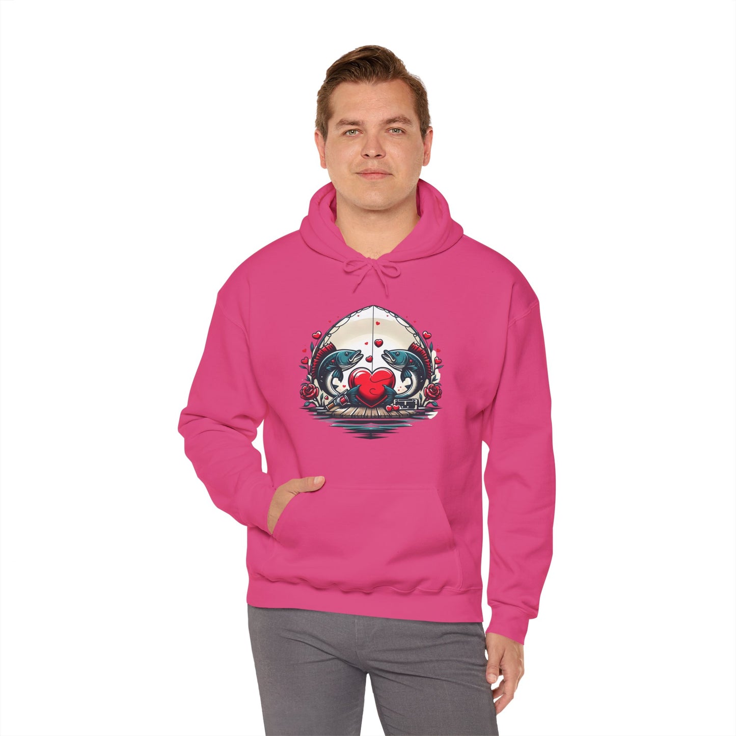 Unique Fish Love Heart Hoodie Unisex Fishing Themed Sweatshirt Graphic Hoodie With Rose Detail Romantic Angler Gift