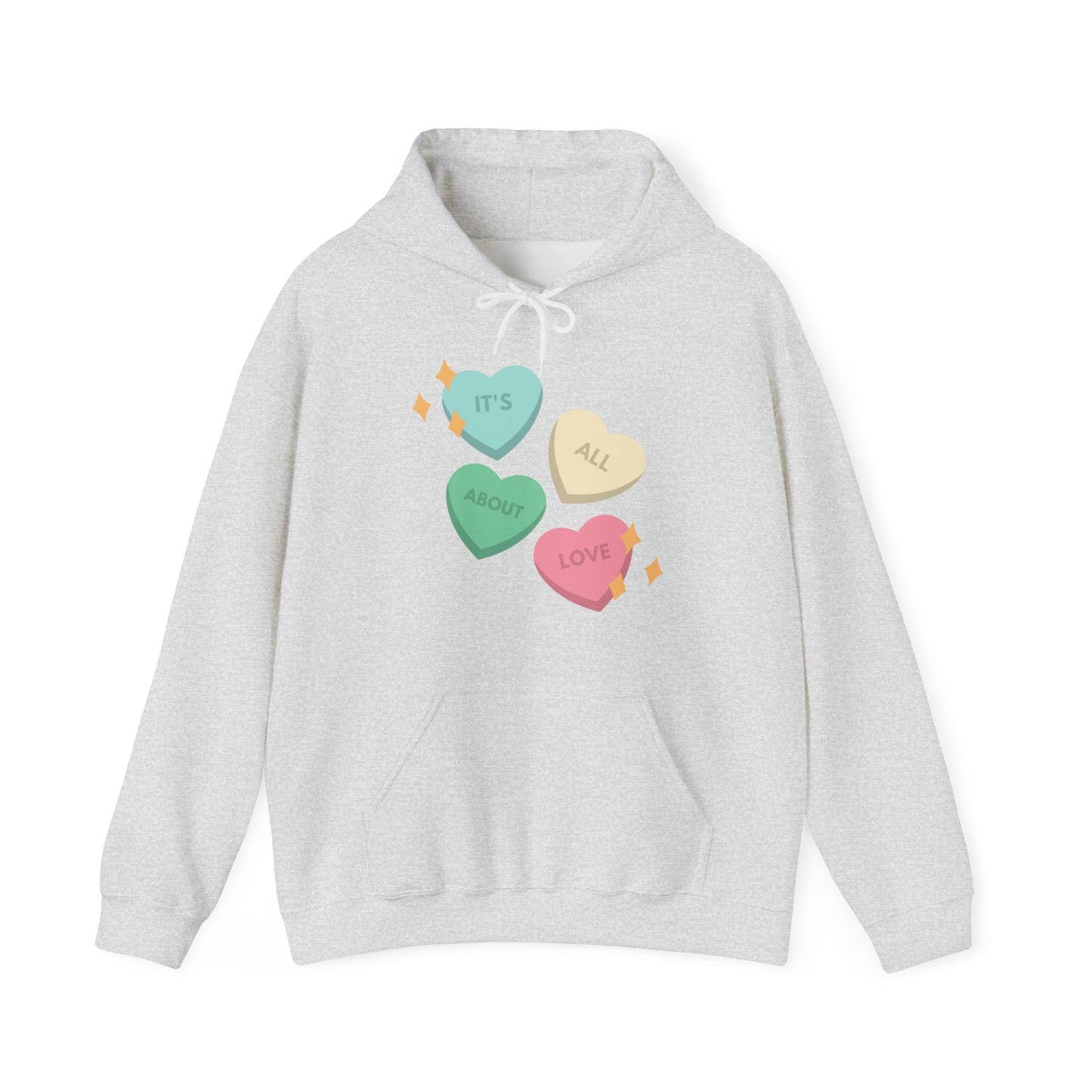 It's All About Love" Pastel Heart Hoodie | Retro Candy Style Sweatshirt | Aesthetic Love Graphic Pullover  Description: