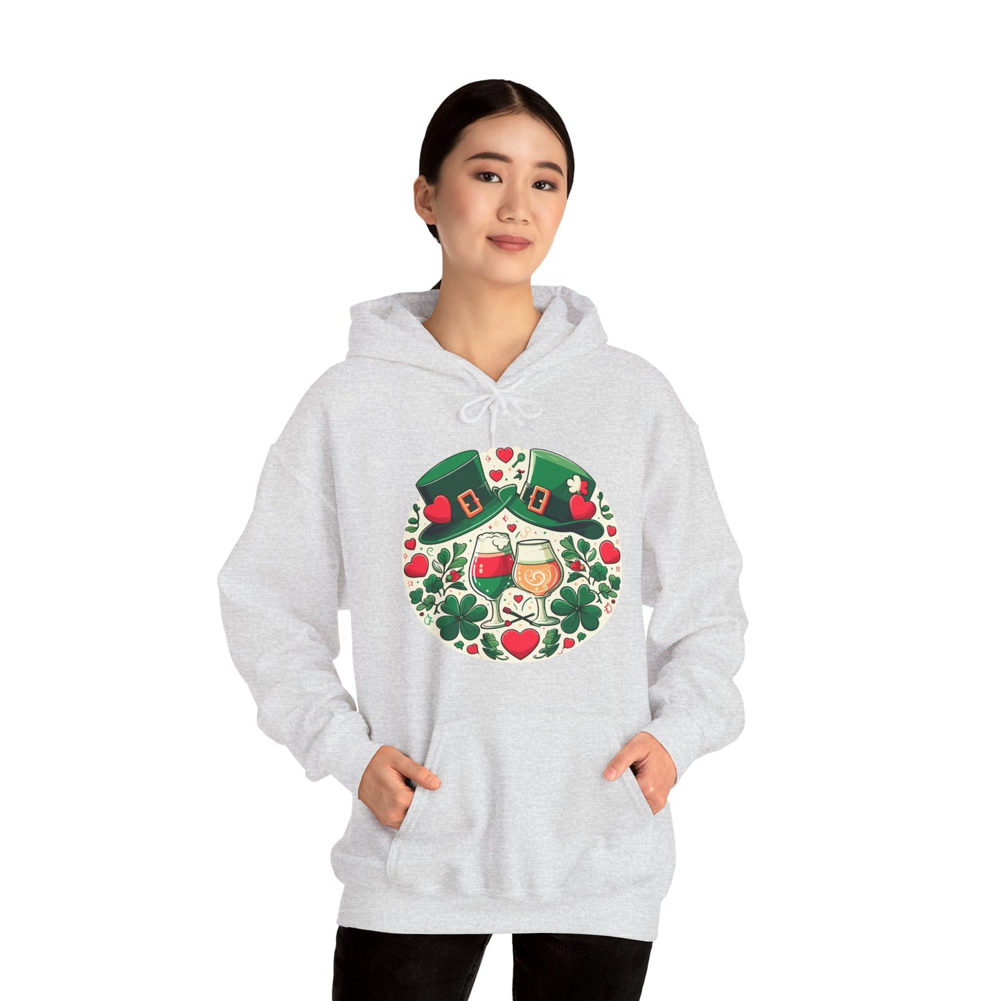 St. Patrick's Day Hoodie, Irish Celebration Beer Clover Heart Unisex Pullover