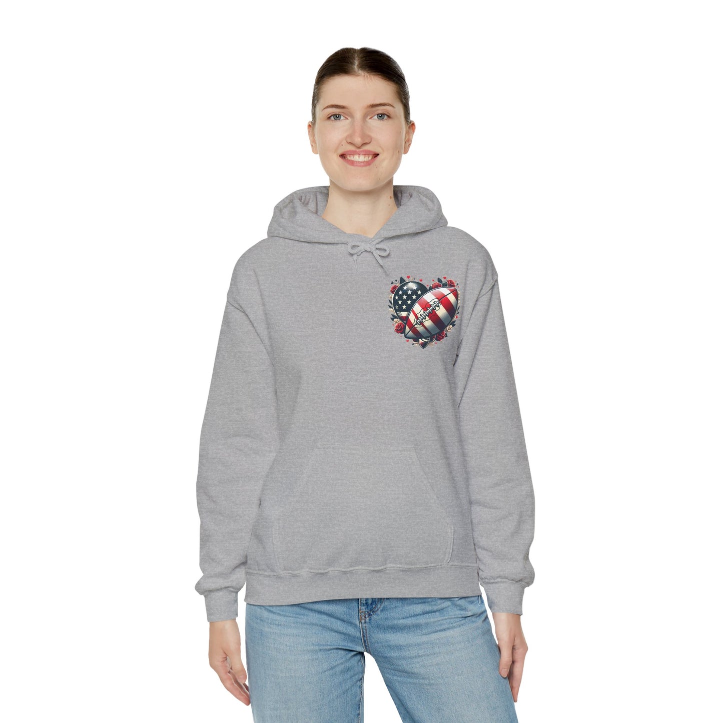 Touchdown Soul: Patriotic American Flag Football Heart Hoodie