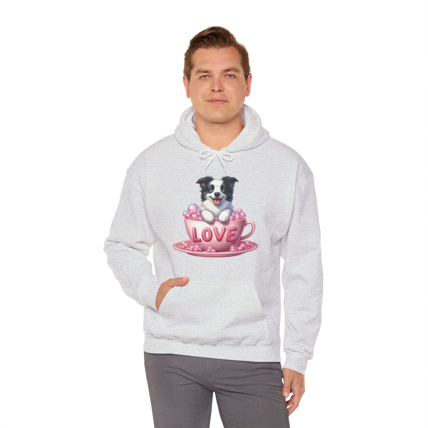 Viral Puppy Love Border Collie Hoodie - Cute Dog in Pink Cup Graphic Unisex Sweatshirt - Adorable Gift for Border Collie Lovers