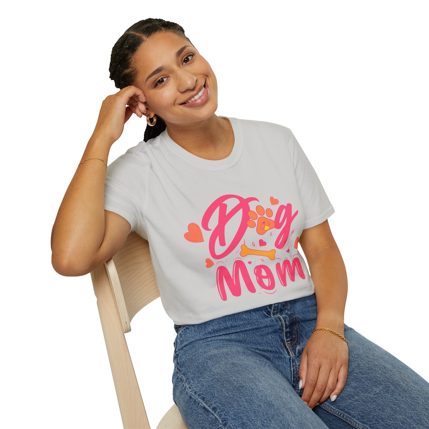 Cute Dog Mom T‑Shirt – Pink Hearts, Paw Print & Bone Graphic for Proud Pup Mamas
