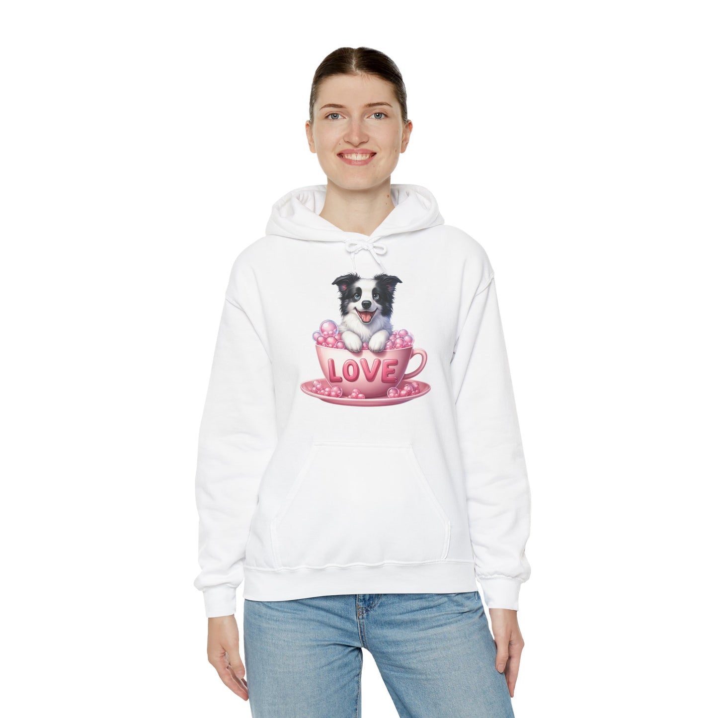 Viral Puppy Love Border Collie Hoodie - Cute Dog in Pink Cup Graphic Unisex Sweatshirt - Adorable Gift for Border Collie Lovers